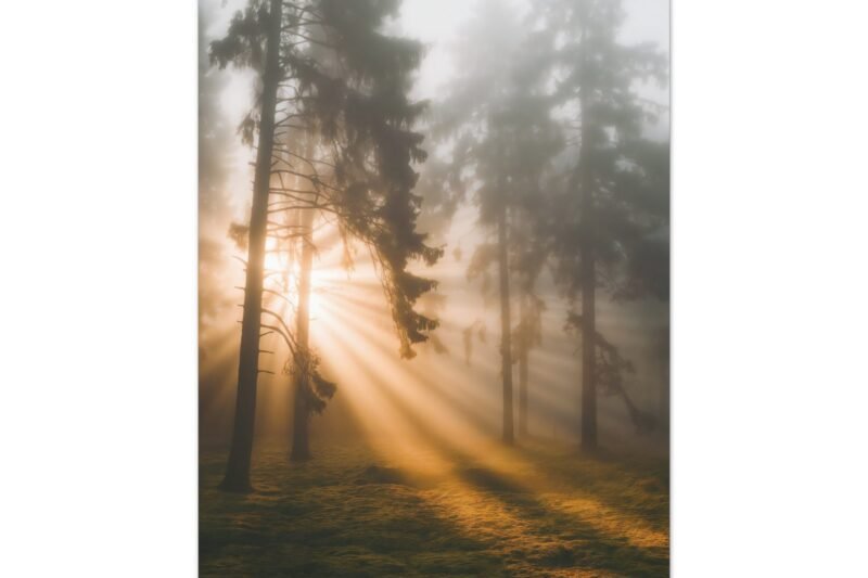 786. Golden Light Through Foggy Pine Trees